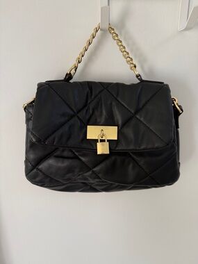 Steve Madden Black Quilted Shoulder Bag with Gold Chain and Padlock